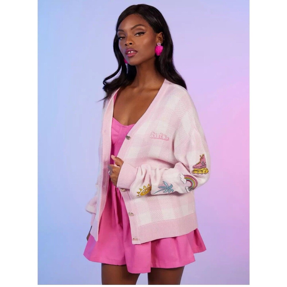 Hot Topic Barbie Gingham Patch Girls Cardigan Medium Preppy  Pink core Skater